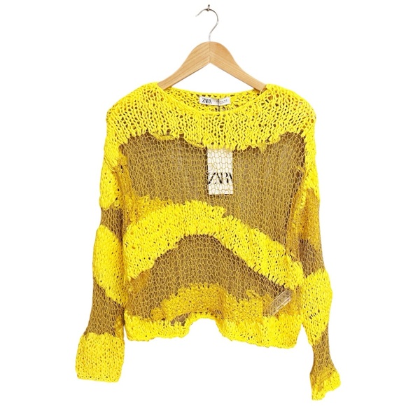 NWT Zara Open Knit Long Sleeve Top Yellow - Picture 2 of 8